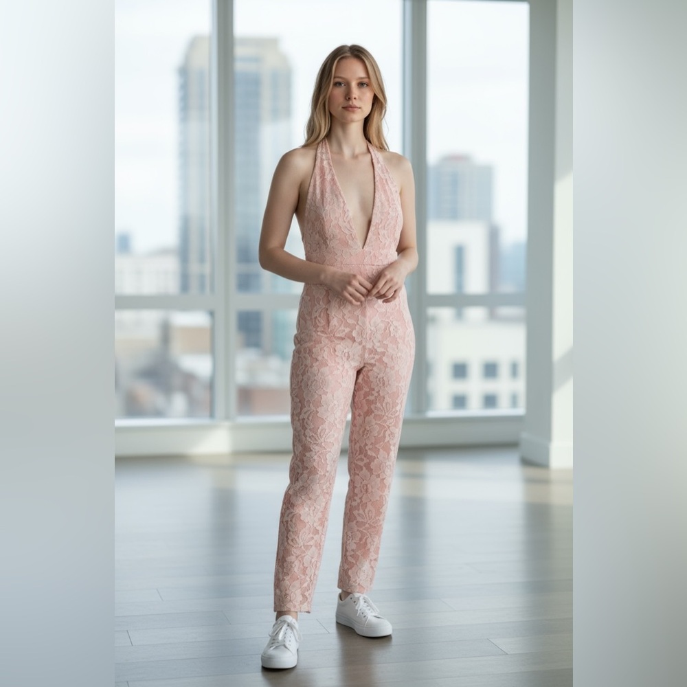 #535 Elegant Pink Lace Jumpsuit